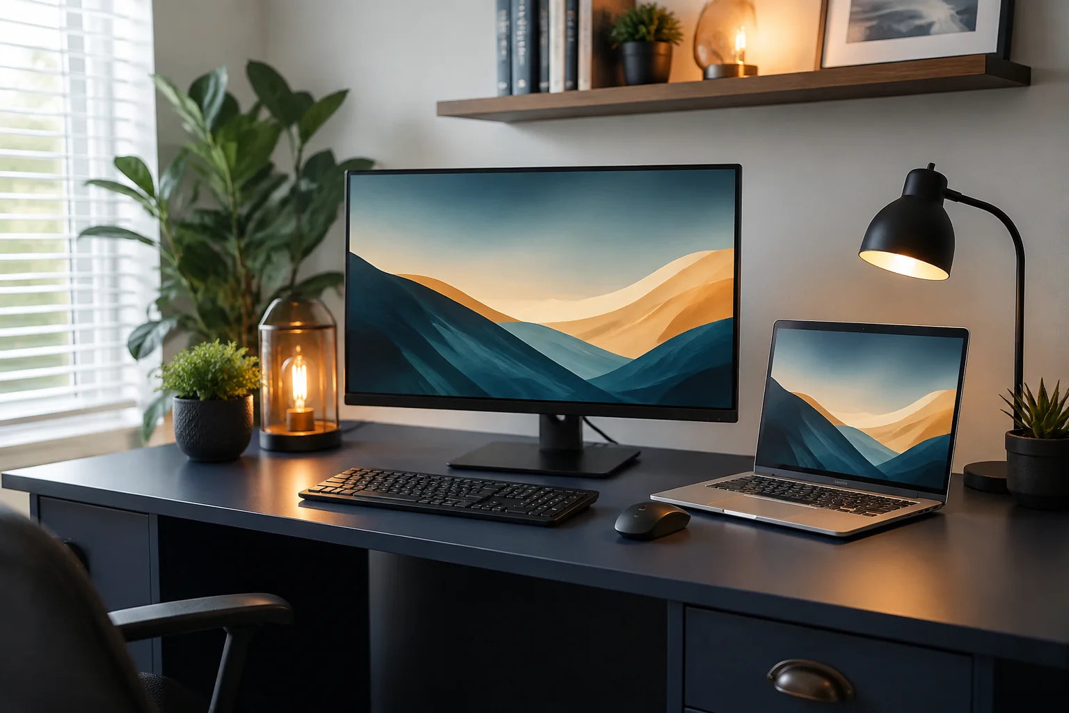 AI illustration of an organized computer workstation with a monitor, laptop, keyboard, and mouse.